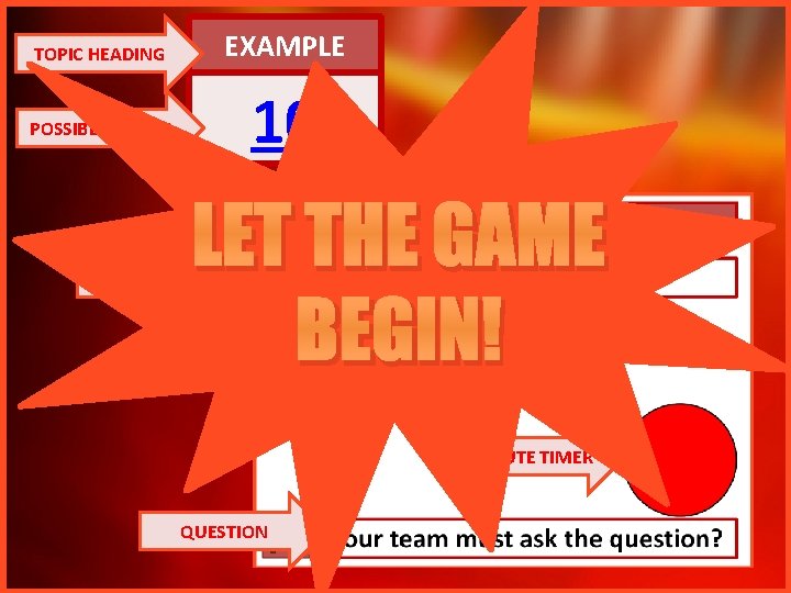 TOPIC HEADING EXAMPLE POSSIBLE POINTS 10 LET THE GAME BEGIN! ANSWER 1 MINUTE TIMER