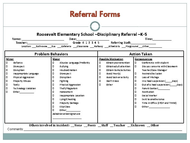 Referral Forms Roosevelt Elementary School –Disciplinary Referral –K-5 Name: ______________ Date: ___________ Time: ______