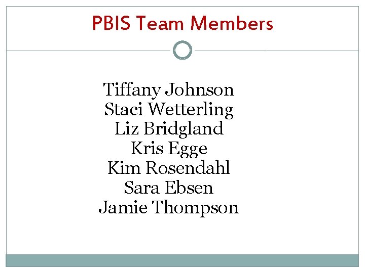 PBIS Team Members Tiffany Johnson Staci Wetterling Liz Bridgland Kris Egge Kim Rosendahl Sara