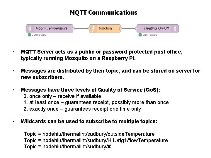 MQTT Communications • MQTT Server acts as a public or password protected post office,