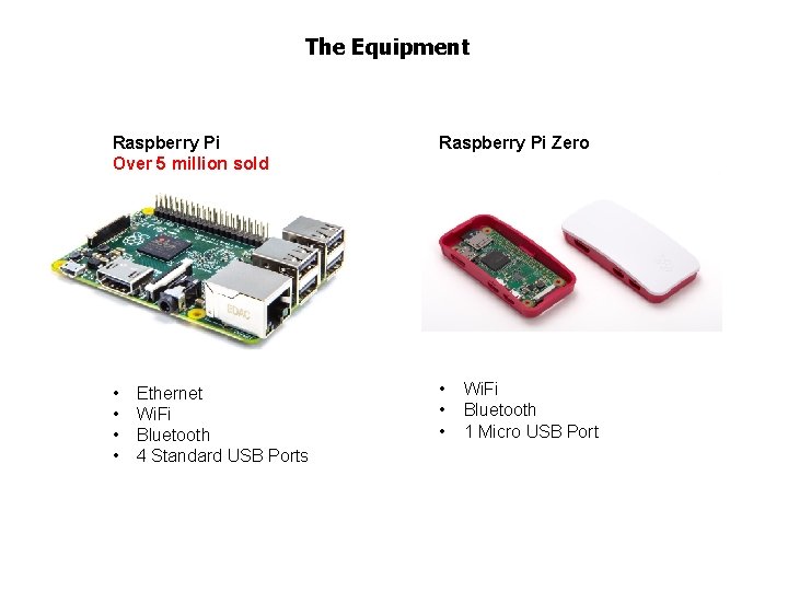The Equipment Raspberry Pi Over 5 million sold Raspberry Pi Zero • • Ethernet