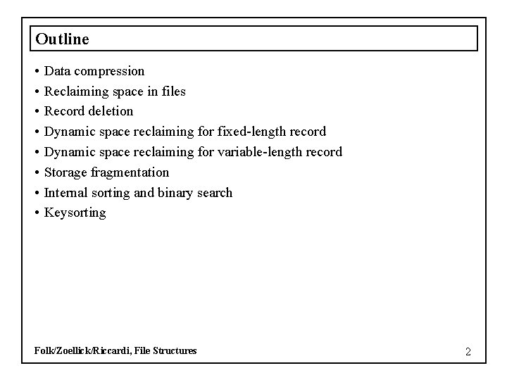 Outline • • Data compression Reclaiming space in files Record deletion Dynamic space reclaiming