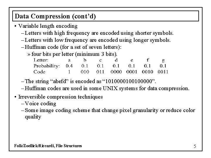 Data Compression (cont’d) • Variable length encoding – Letters with high frequency are encoded