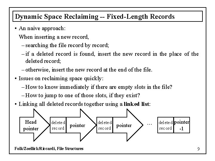Dynamic Space Reclaiming -- Fixed-Length Records • An naive approach: When inserting a new