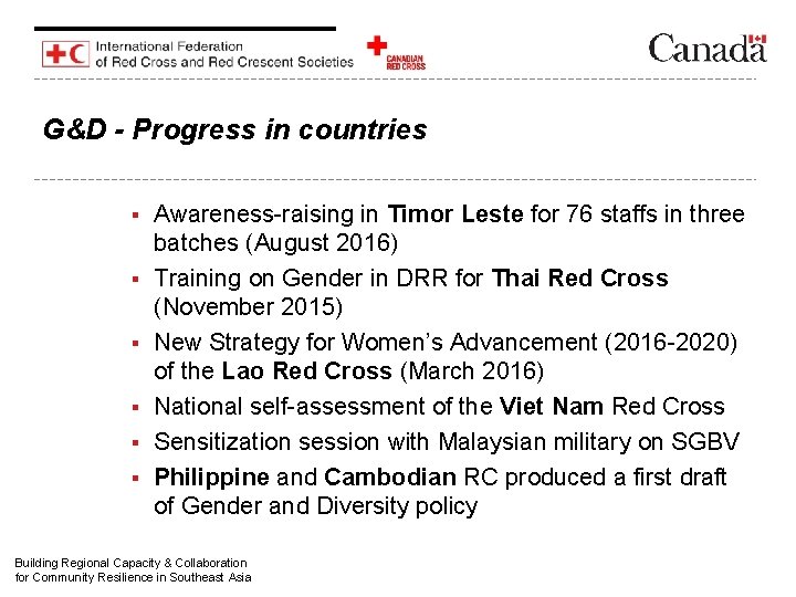 G&D - Progress in countries § § § Awareness-raising in Timor Leste for 76