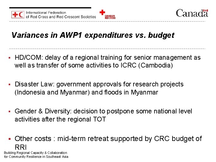 Variances in AWP 1 expenditures vs. budget § HD/COM: delay of a regional training