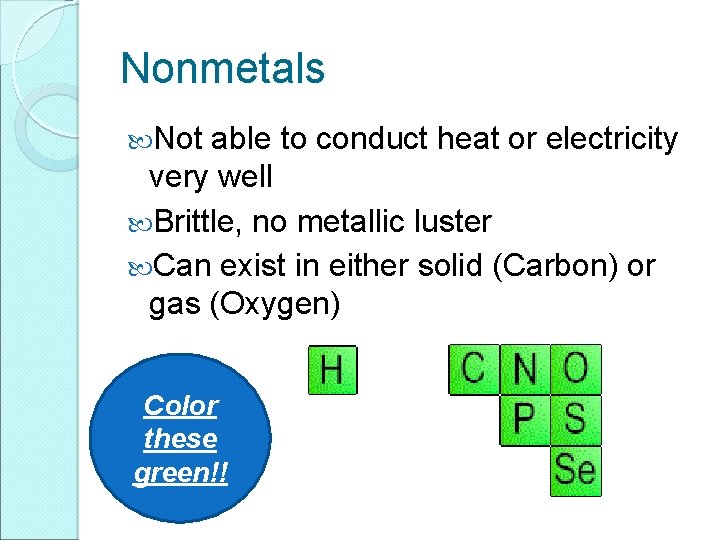 Nonmetals Not able to conduct heat or electricity very well Brittle, no metallic luster