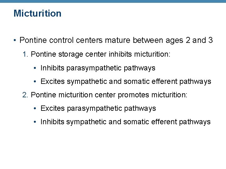 Micturition • Pontine control centers mature between ages 2 and 3 1. Pontine storage