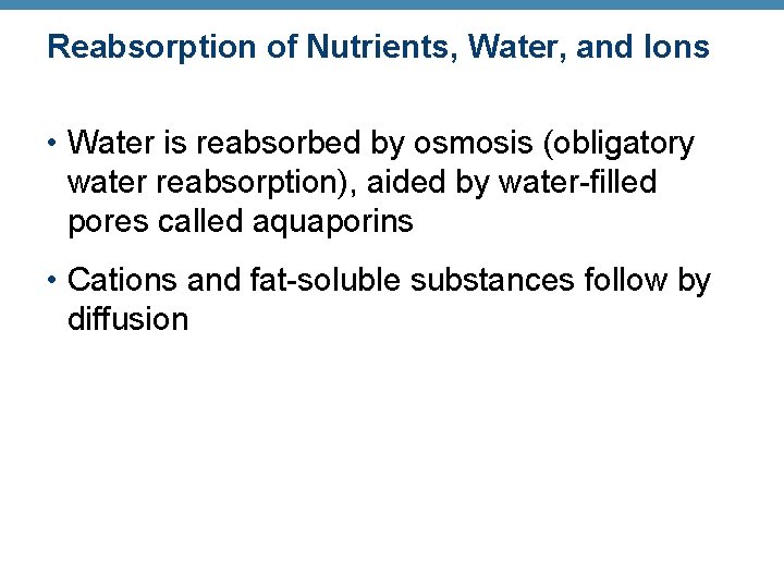 Reabsorption of Nutrients, Water, and Ions • Water is reabsorbed by osmosis (obligatory water