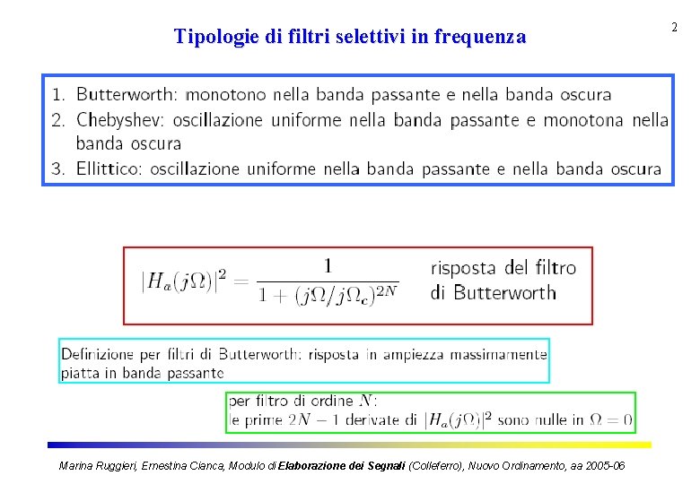 Tipologie di filtri selettivi in frequenza Marina Ruggieri, Ernestina Cianca, Modulo di Elaborazione dei