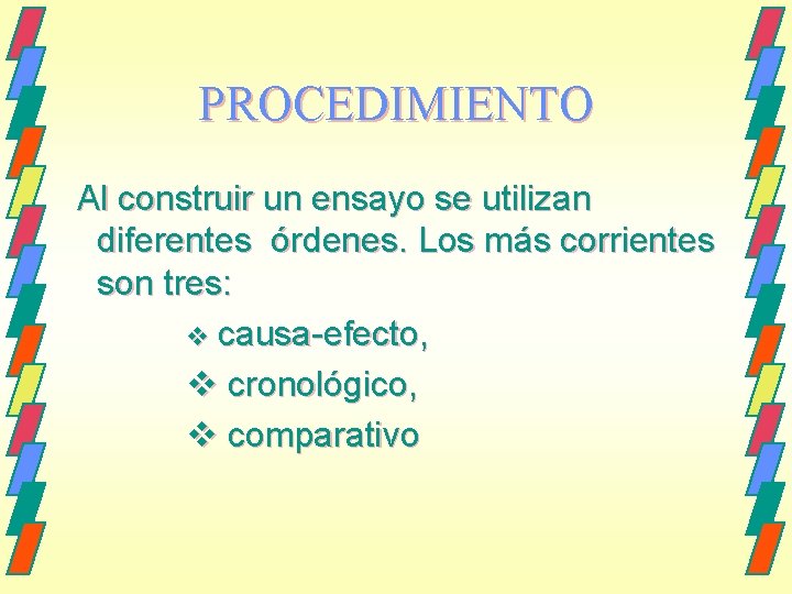 PROCEDIMIENTO Al construir un ensayo se utilizan diferentes órdenes. Los más corrientes son tres: