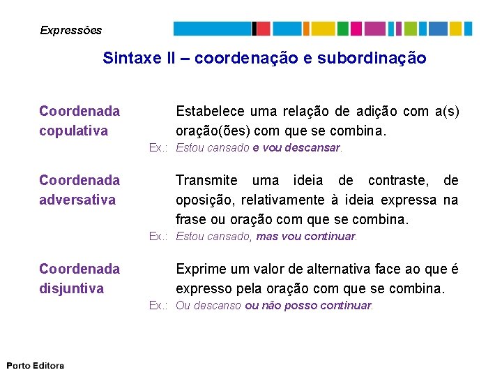 Expressões Sintaxe II – coordenação e subordinação Coordenada copulativa Estabelece uma relação de adição