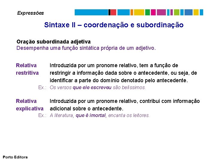 Expressões Sintaxe II – coordenação e subordinação Oração subordinada adjetiva Desempenha uma função sintática