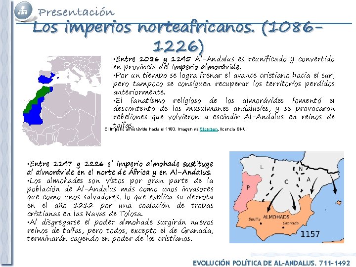 Los imperios norteafricanos. (10861226) • Entre 1086 y 1145 Al-Andalus es reunificado y convertido