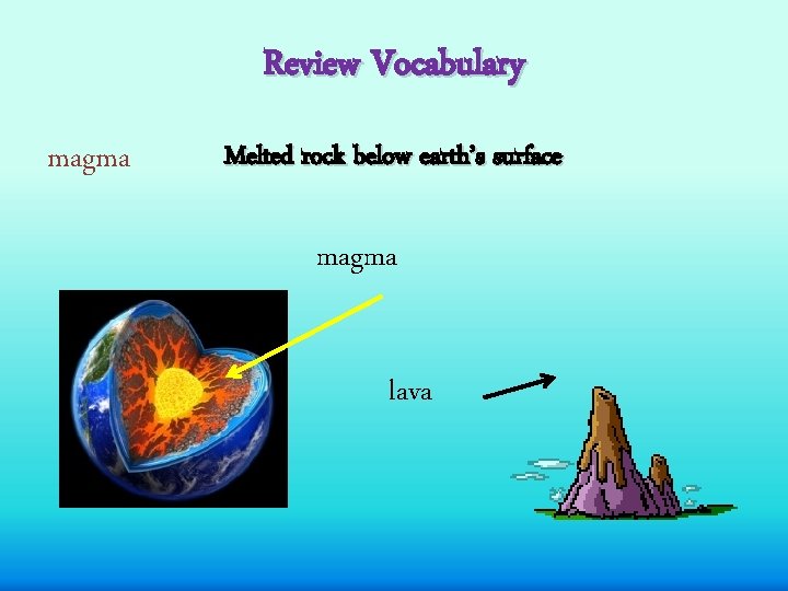 Review Vocabulary magma Melted rock below earth’s surface magma lava 