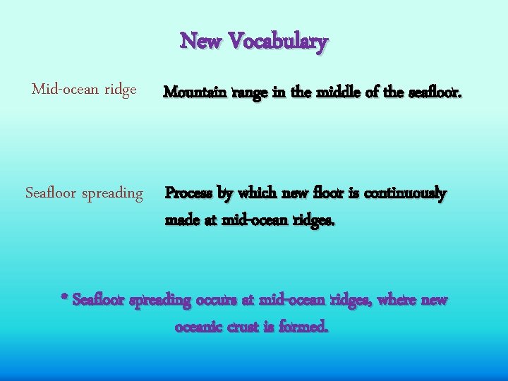 New Vocabulary Mid-ocean ridge Mountain range in the middle of the seafloor. Seafloor spreading