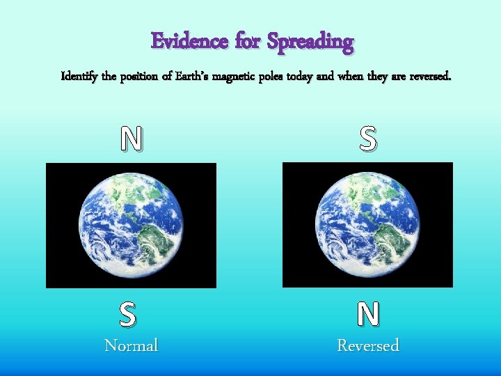 Evidence for Spreading Identify the position of Earth’s magnetic poles today and when they
