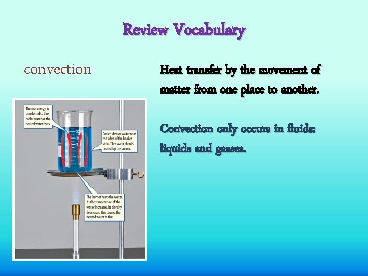 Review Vocabulary convection Heat transfer by the movement of matter from one place to