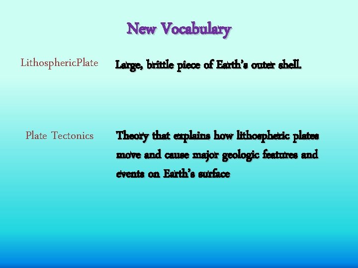 New Vocabulary Lithospheric. Plate Large, brittle piece of Earth’s outer shell. Plate Tectonics Theory