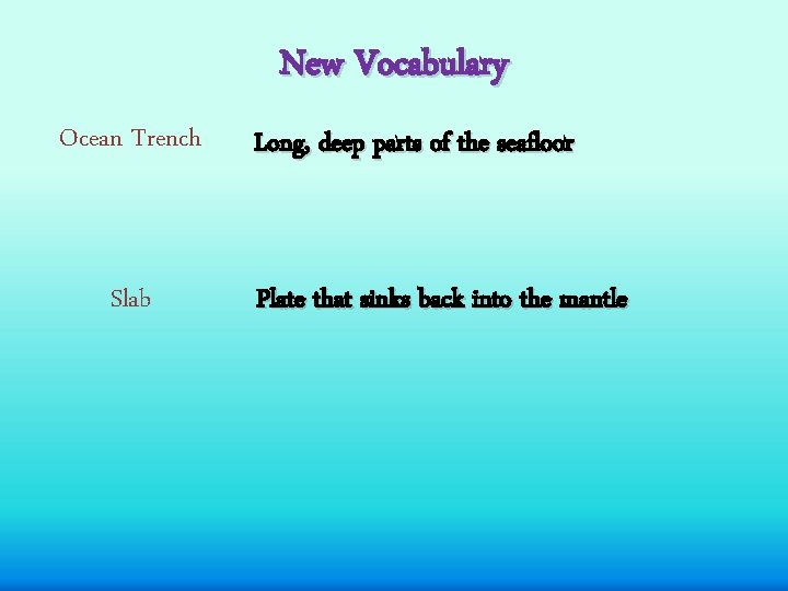 New Vocabulary Ocean Trench Slab Long, deep parts of the seafloor Plate that sinks