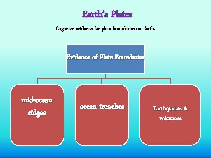Earth’s Plates Organize evidence for plate boundaries on Earth. Evidence of Plate Boundaries mid-ocean
