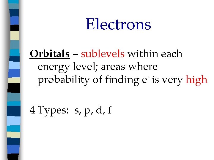 Electrons Orbitals – sublevels within each energy level; areas where probability of finding e-