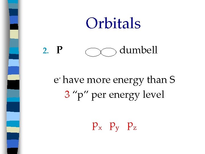 Orbitals 2. P dumbell e- have more energy than S 3 “p” per energy