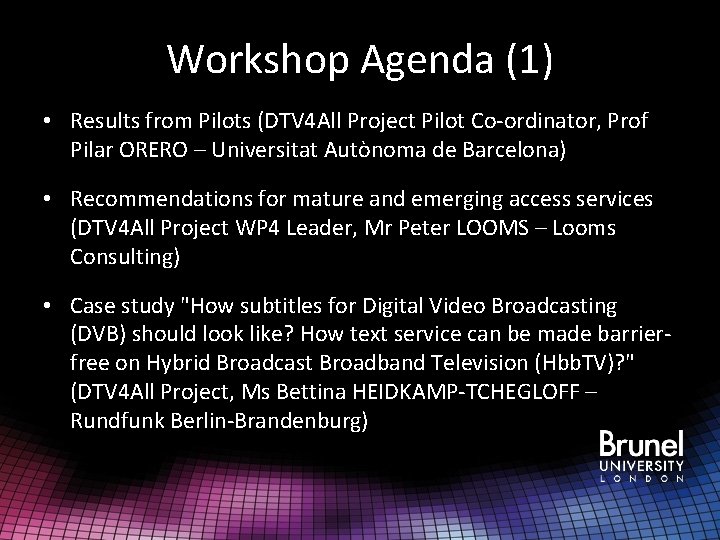 Workshop Agenda (1) • Results from Pilots (DTV 4 All Project Pilot Co-ordinator, Prof