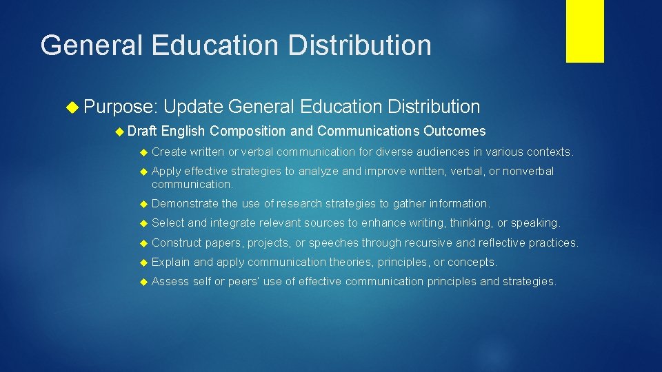 General Education Distribution Purpose: Draft Update General Education Distribution English Composition and Communications Outcomes