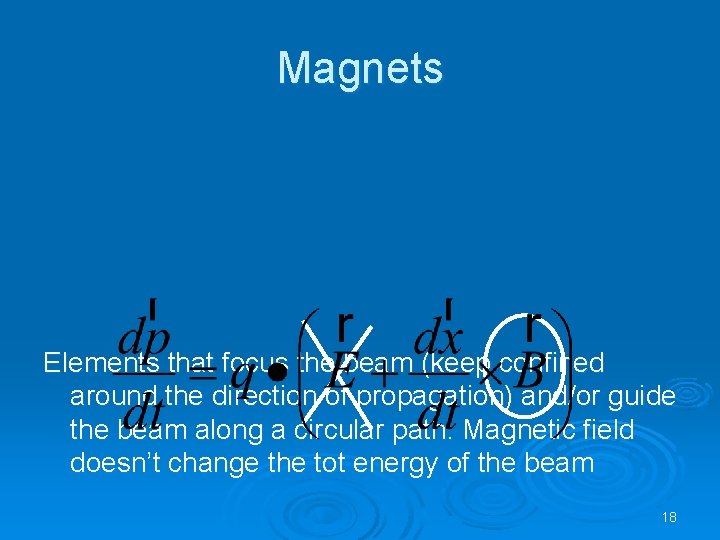 Magnets Elements that focus the beam (keep confined around the direction of propagation) and/or