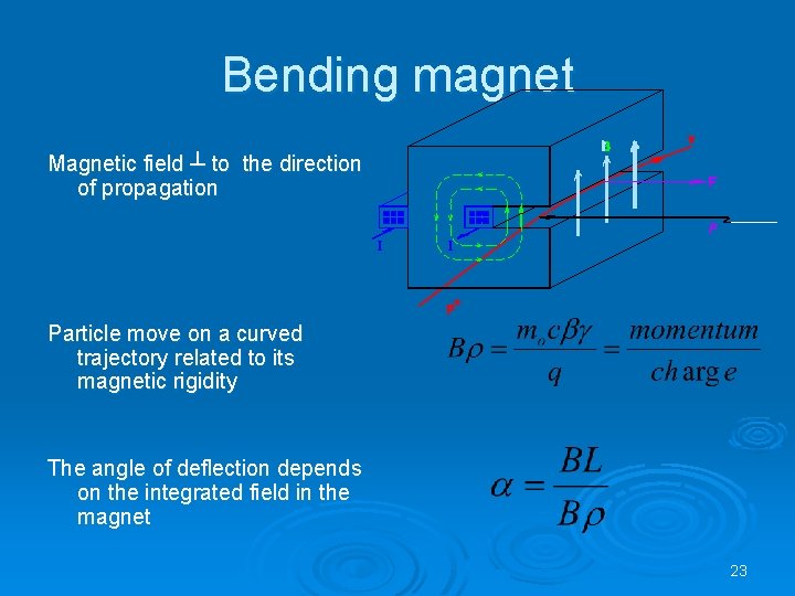 Bending magnet Magnetic field ┴ to the direction of propagation Particle move on a