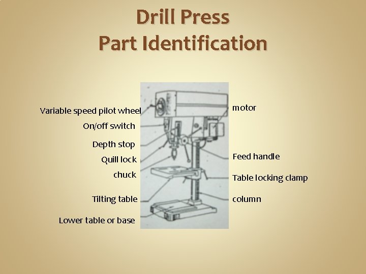 Drill Press Part Identification Variable speed pilot wheel motor On/off switch Depth stop Quill