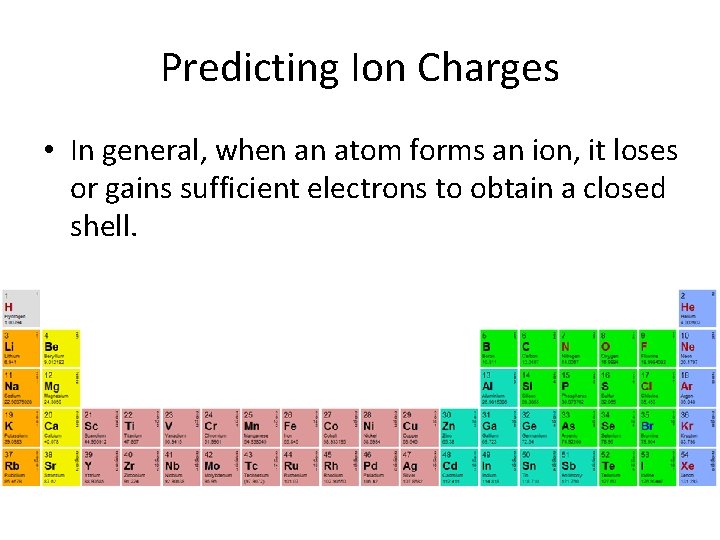 Predicting Ion Charges • In general, when an atom forms an ion, it loses