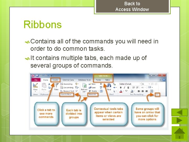 Back to Access Window Ribbons Contains all of the commands you will need in