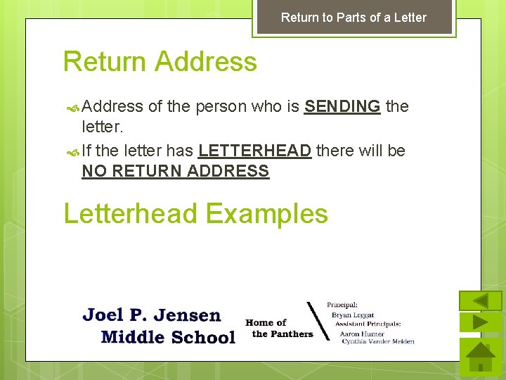 Return to Parts of a Letter Return Address of the person who is SENDING