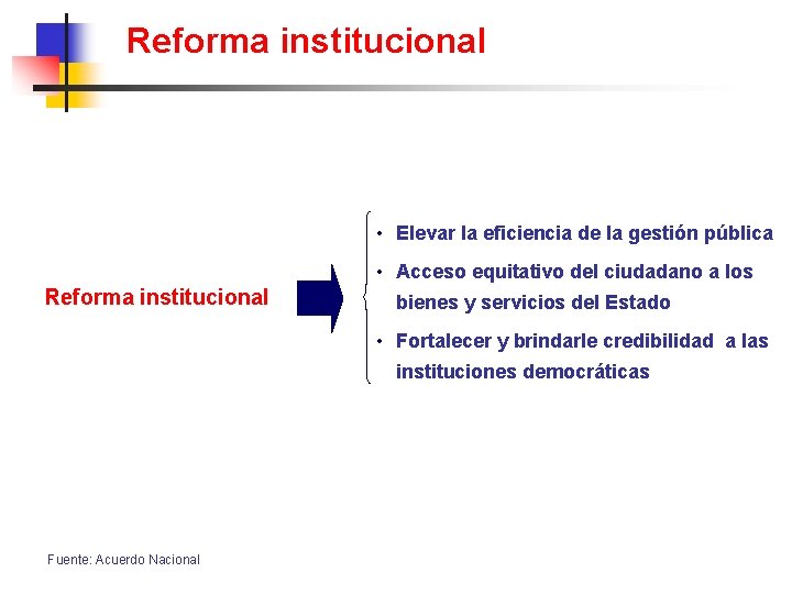 Reforma institucional • Elevar la eficiencia de la gestión pública • Acceso equitativo del