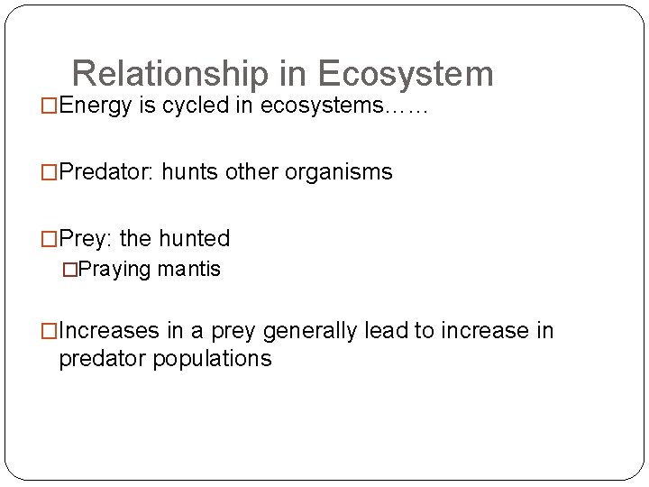 Relationship in Ecosystem �Energy is cycled in ecosystems…… �Predator: hunts other organisms �Prey: the