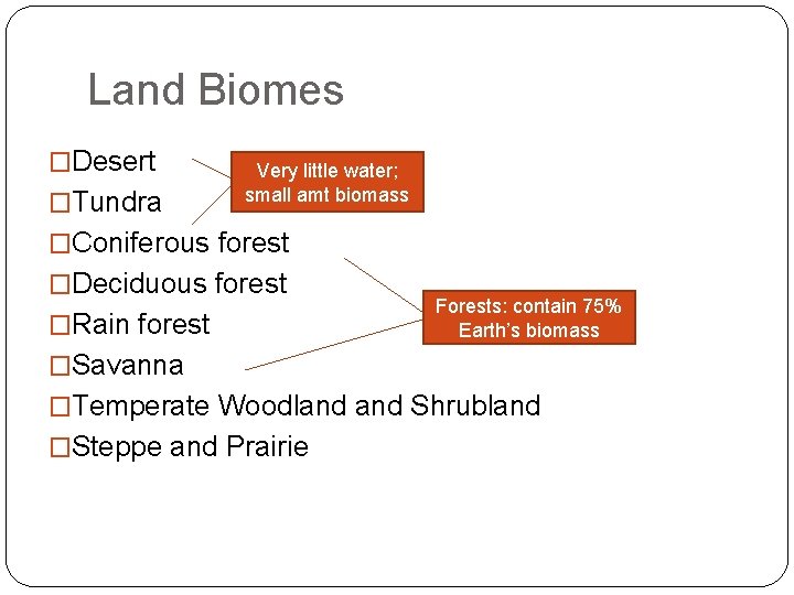 Land Biomes �Desert �Tundra Very little water; small amt biomass �Coniferous forest �Deciduous forest