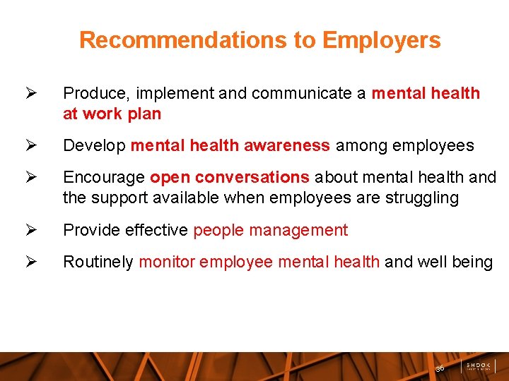 Recommendations to Employers Produce, implement and communicate a mental health at work plan Develop