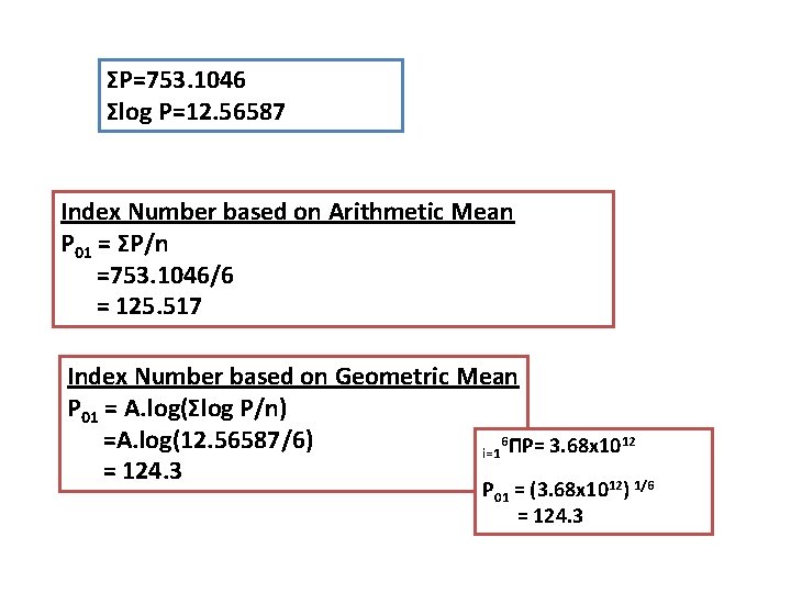 ΣP=753. 1046 Σlog P=12. 56587 Index Number based on Arithmetic Mean P 01 =