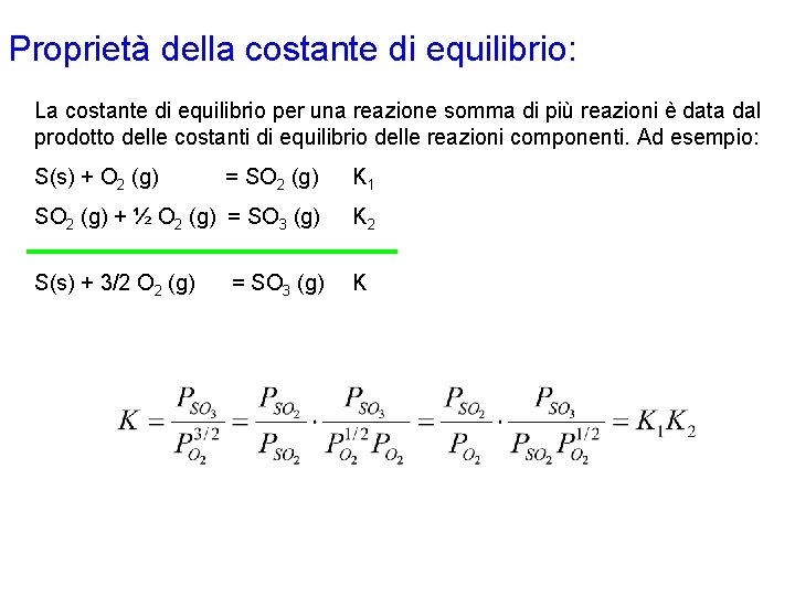 Proprietà della costante di equilibrio: La costante di equilibrio per una reazione somma di