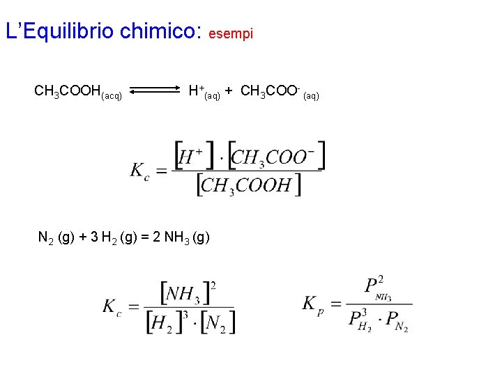 L’Equilibrio chimico: esempi CH 3 COOH(acq) H+(aq) + CH 3 COO- (aq) N 2