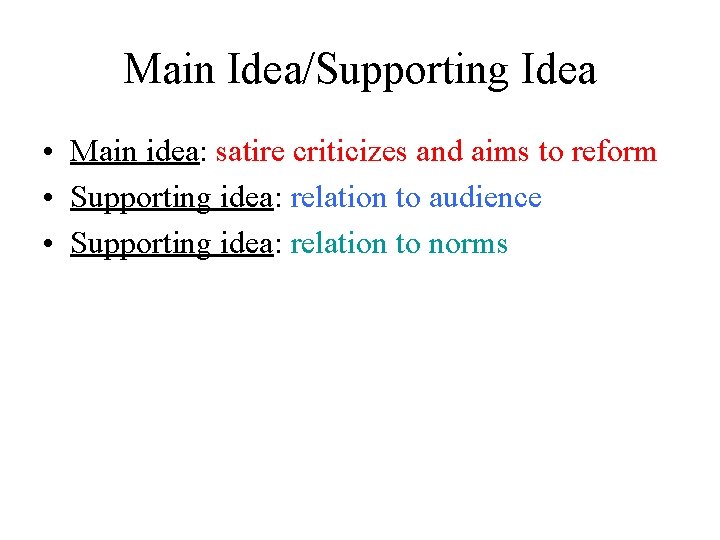 Main Idea/Supporting Idea • Main idea: satire criticizes and aims to reform • Supporting