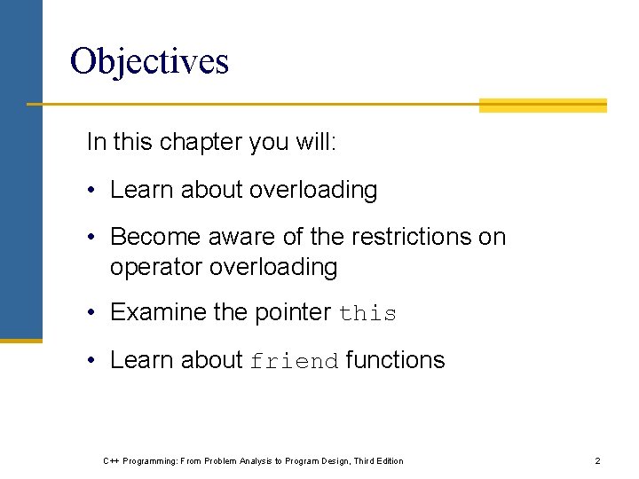 Objectives In this chapter you will: • Learn about overloading • Become aware of Objectives In this chapter you will: • Learn about overloading • Become aware of