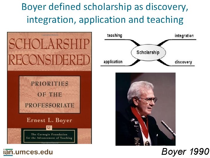 Boyer defined scholarship as discovery, integration, application and teaching Boyer 1990 