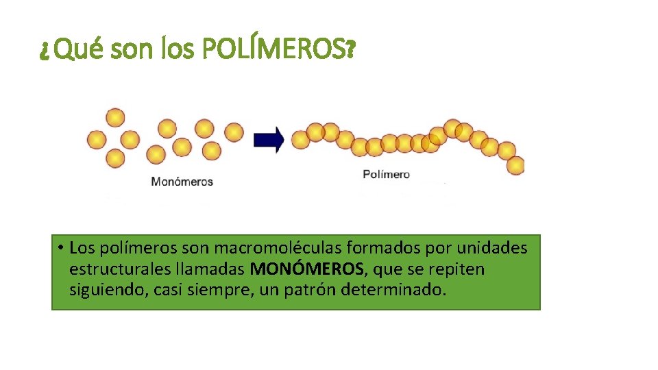 ¿Qué son los POLÍMEROS? • Los polímeros son macromoléculas formados por unidades estructurales llamadas