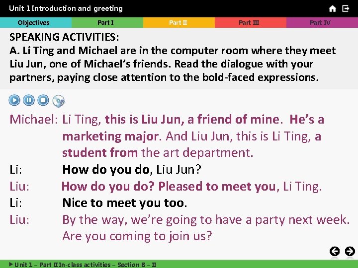 Unit 1 Introduction and greeting Objectives Part III Part IV SPEAKING ACTIVITIES: A. Li