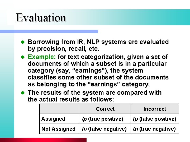 Evaluation Borrowing from IR, NLP systems are evaluated by precision, recall, etc. l Example: