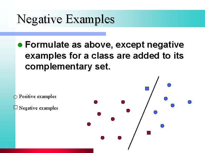 Negative Examples l Formulate as above, except negative examples for a class are added