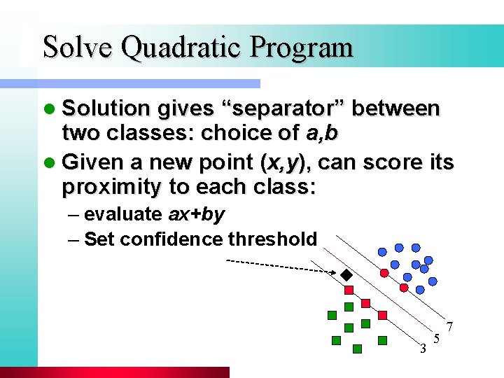 Solve Quadratic Program l Solution gives “separator” between two classes: choice of a, b